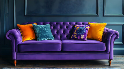 Luxurious Purple Velvet Sofa with Colorful Pillows Against Dark