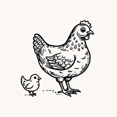 Mother hen with her baby chicks. Cartoon funny brown hen with little yellow chicken. Vector cartoon illustration