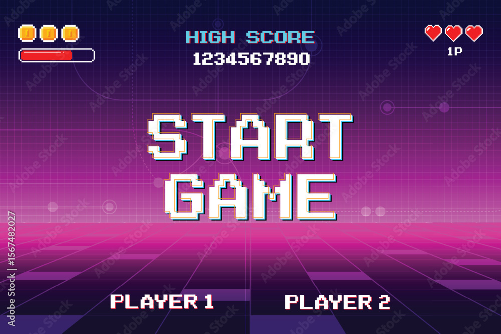 Fototapete start game. pixel art .8 bit game. retro video game. for game assets. retro futurism sci-fi backgrou
