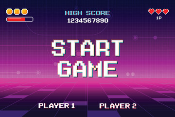 START GAME. pixel art .8 bit game. retro video game. for game assets. Retro Futurism Sci-Fi Background. glowing neon grid and star from vintage arcade computer games