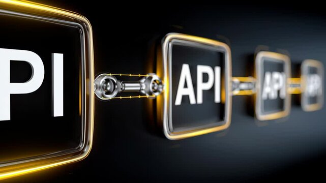 Row of four squares with the word API in the center. The squares are connected by a chain