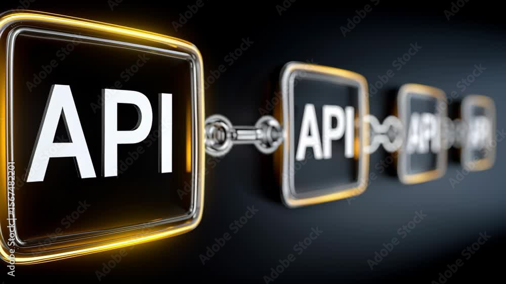 Poster row of icons for apis are shown in a black background. the icons are connected by a chain, and the w
