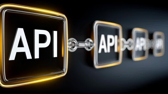 Row of icons for APIs are shown in a black background. The icons are connected by a chain, and the word API is written in white. Concept of a series of interconnected systems or services