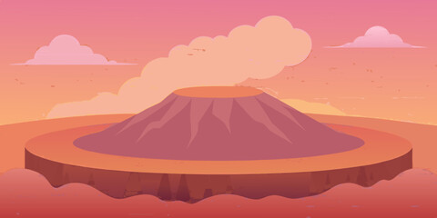 A vibrant illustration of a volcanic mountain landscape at sunset, with clouds and a lake, reminiscent of Mount Fuji in Japan