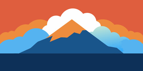 Naklejka premium Mountain landscape vector illustration with sunset and clouds