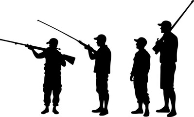 Naklejka premium fishing and hunting vector illustration, silhouette, vector, sport, illustration, people, golf, balance, fisherman, fishing, silhouettes, art, tightrope, rope, black, golfer, ski, men, skiing, winter,