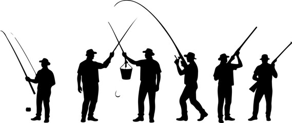Obraz premium fishing and hunting vector illustration, silhouette, vector, sport, illustration, people, golf, balance, fisherman, fishing, silhouettes, art, tightrope, rope, black, golfer, ski, men, skiing, winter,