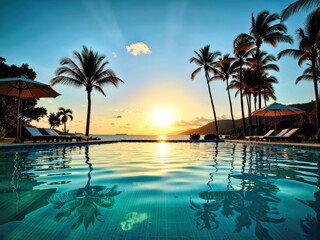Peaceful Pool at Sunset with Palm Trees and Beach Chairs