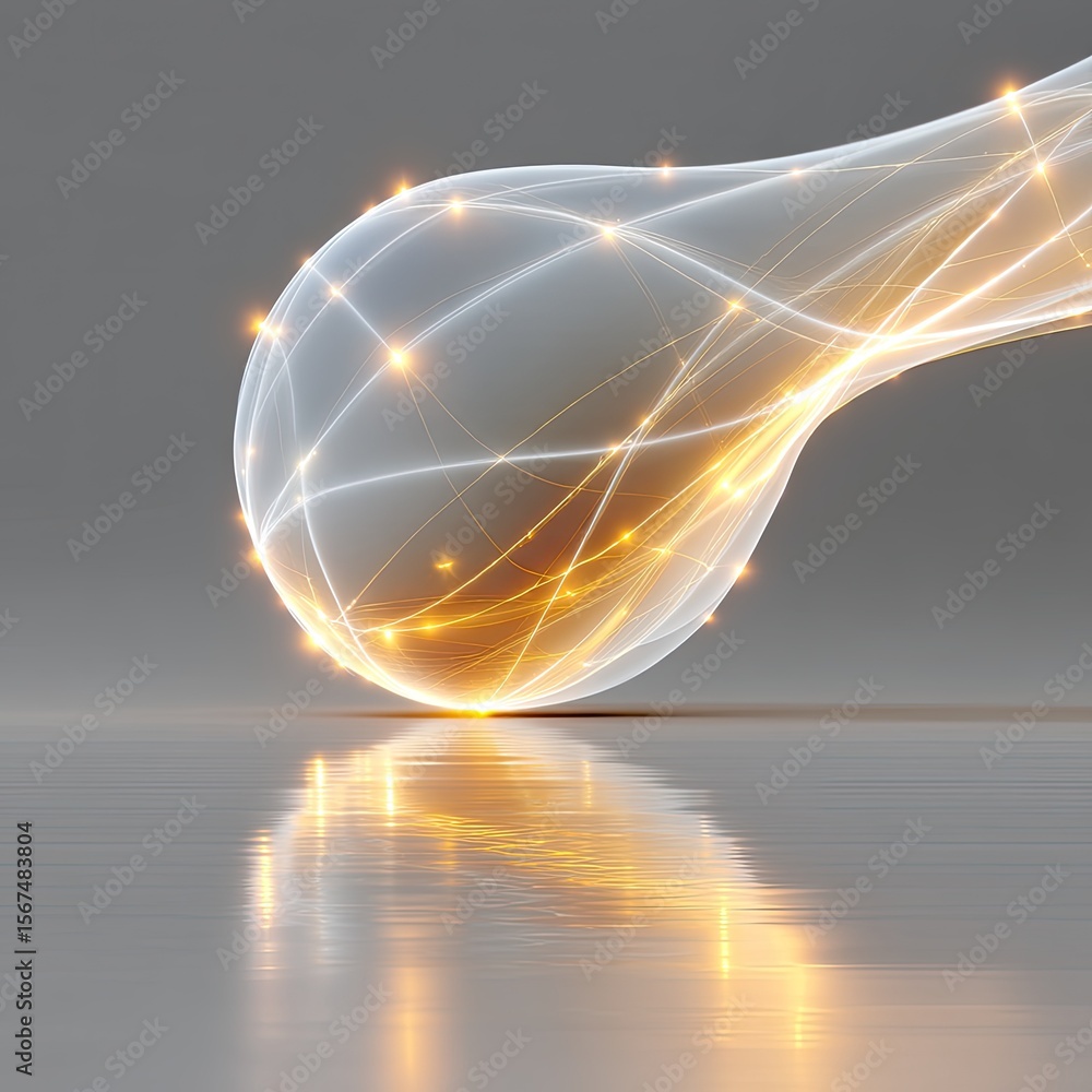 Poster luminous network sphere reflecting on a calm surface