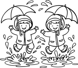 Kids Playing in the Rain with Umbrellas - Coloring Page.