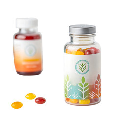 jars with fruit jam, two bottles of vitamins isolated on transparent background