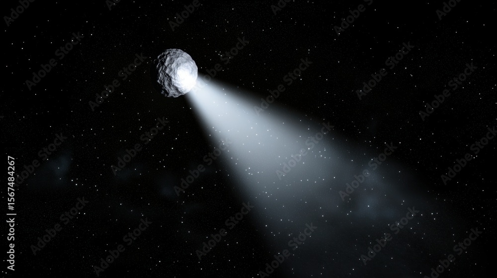 Poster a large, bright, white object is captured in space, with a beam of light directed towards it.