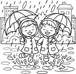 Kids Playing in the Rain with Umbrellas - Coloring Page.