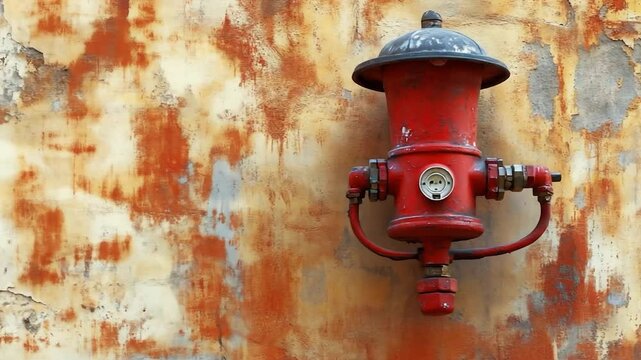 Weathered Red Fire Hydrant on Textured Wall: Urban Decay and Vintage Charm