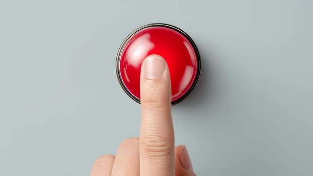 Red button with a finger on it. Concept of urgency or importance, as the finger is pressing down on the button
