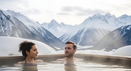 Relaxing Couple Soaking in Outdoor Tub with Snowy Mountain Backdrop