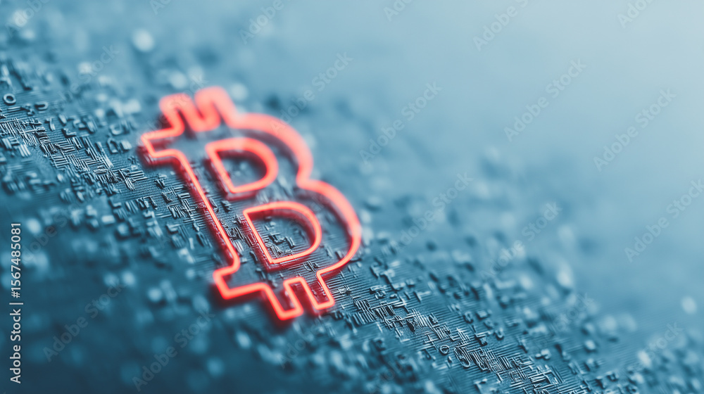 Poster bitcoin symbol: a neon bitcoin symbol embedded in a modern circuit board, offering a captivating per