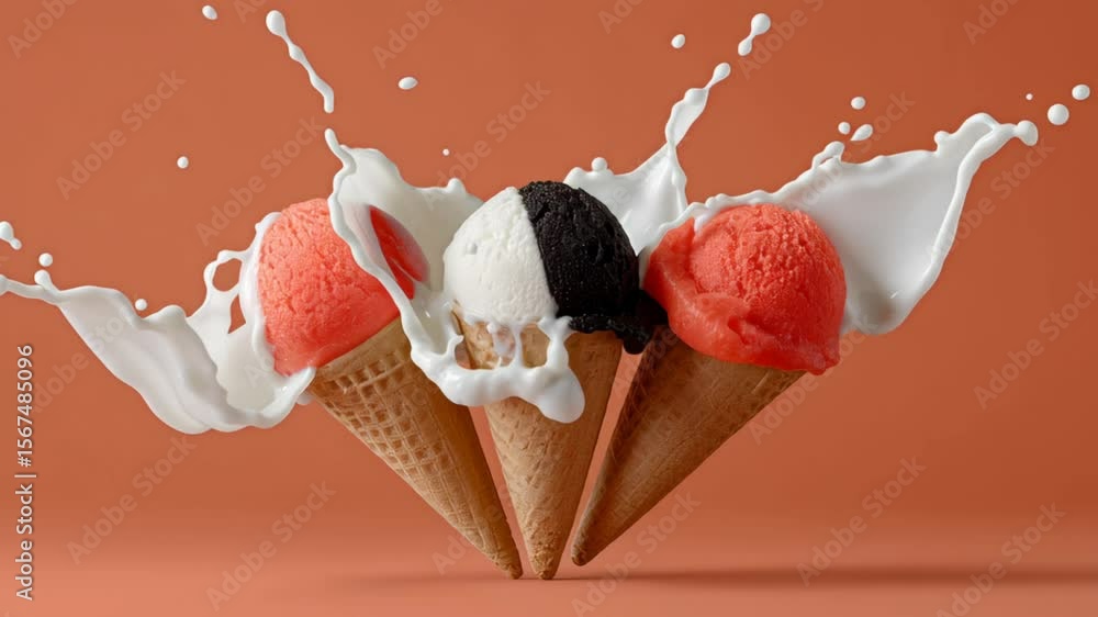 Aufkleber three ice cream cones with different flavors and colors, one of which is white and black. the cones 