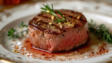 Juicy grilled filet mignon garnished with gold leaf, rosemary, and spices served on a fine white plate.