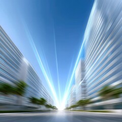 Modern City Street with Glowing Light Rays and Highrise Buildings