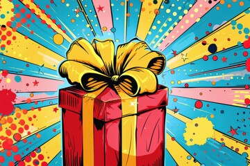 Comic-style red gift box with yellow ribbon exploding out of a bright and energetic dotted pop art background.
