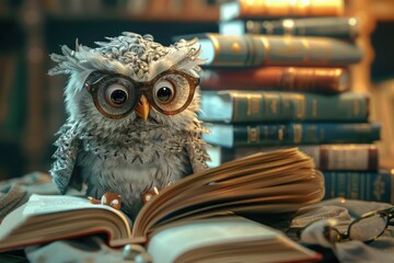 Cartoon owl with glasses reading a book in a cozy library surrounded by stacked books and warm light.