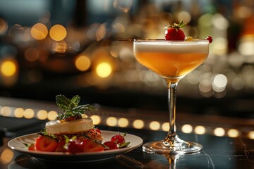 Chic cocktail with a strawberry garnish served beside a gourmet dessert on a glossy bar counter with soft bokeh lights.