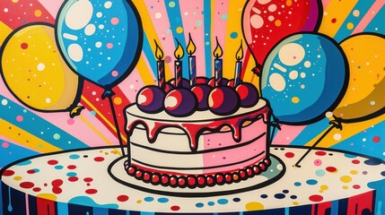Pop art style illustration of a birthday cake with lit candles surrounded by vibrant balloons and confetti patterns.