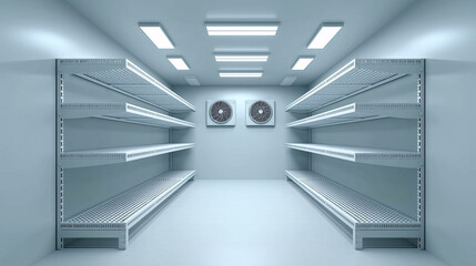 Obraz premium Empty Shelves in Refrigerated Room: An eye-level perspective of empty metal shelves inside a bright cold storage room, suggesting anticipation for stocking products within.