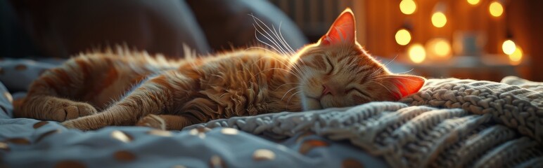 Close-up of a relaxed orange cat napping on a bed in soft ambient lighting, evoking warmth and comfort.