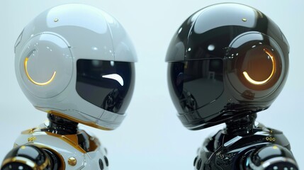 Two sleek futuristic robots, one black and one white, facing each other with glowing eyes and reflective surfaces.