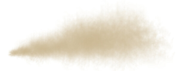 Sandstorm dust soil particles isolated on transparent white background. Brown smoke sand dust powder explosion effect. Floating dirt air smog overlay. Graphic design elements. PNG