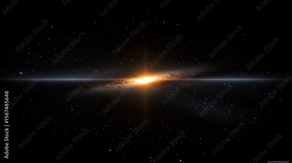 Poster a galaxy with a bright core and a white line extending from it.