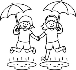 Kids Playing in the Rain with Umbrellas - Coloring Page.