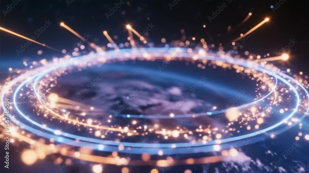 Fototapete glowing golden particles swirl in a circular vortex over a dark surface, suitable for sci-fi intros,