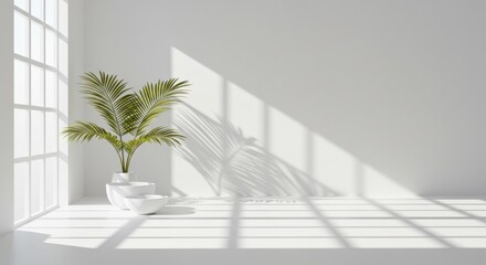 Fototapeta premium Indoor Plant in White Room with Sunlight and Shadow