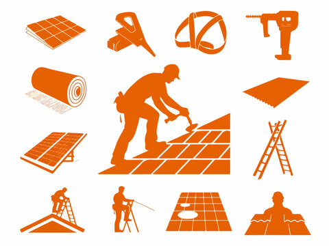 Collection of orange construction and roofing icons including solar panels tools safety harness ladder and workers performing roof repairs and installations silhouette