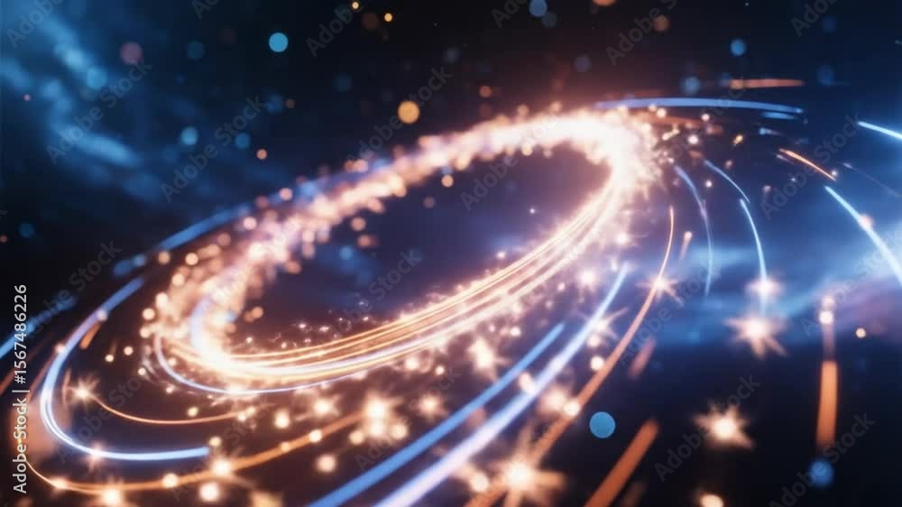 Poster golden light particles rotate in a dazzling vortex shape on black background, suitable for elegant t
