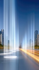 Night City Highway with Glowing Light Beams and Data Movement