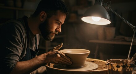 Bearded artisan concentrating on shaping a spinning clay pot under the warm light of a focused