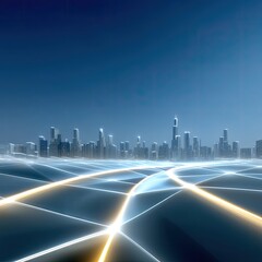 Night City Skyline with Glowing Network Lines