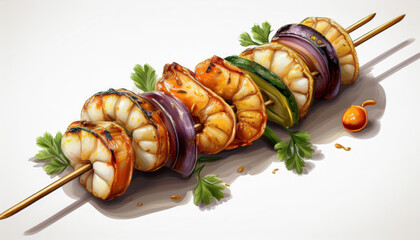 Grilled seafood skewer featuring shrimp and vegetables, perfect for summer barbecues, showcasing vibrant colors and textures