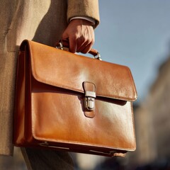 A man holds a classic brown leather briefcase
