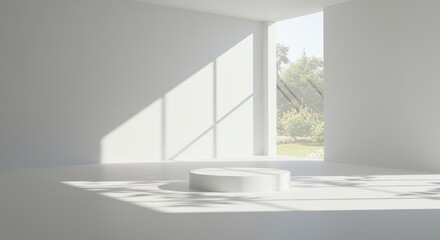 Fototapeta premium Minimalist White Podium in Sunny Room with Garden View for Product Mockup