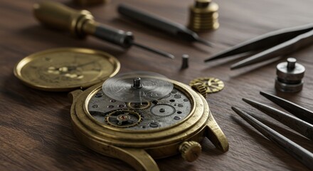 Detailed close-up of open vintage watch movement with intricate gears and repair tools on wood