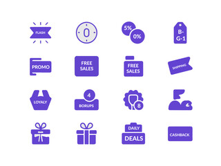 Collection of modern flat design icons representing various e commerce and retail promotions including flash sales discounts loyalty programs and shipping offers silhouette