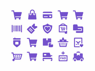 Collection of purple shopping and e commerce icons in a clean modern flat design style featuring a silhouette of various retail and payment symbols