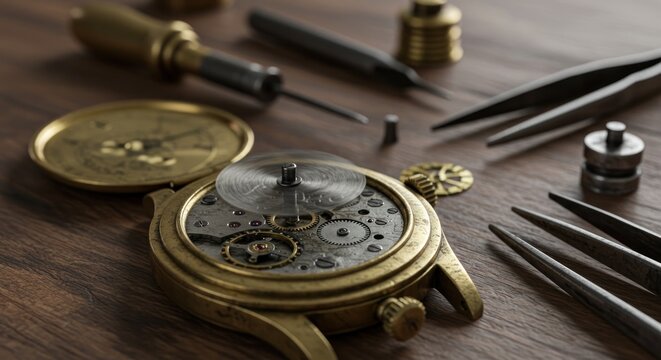 Detailed close-up of open vintage watch movement with intricate gears and repair tools on wood