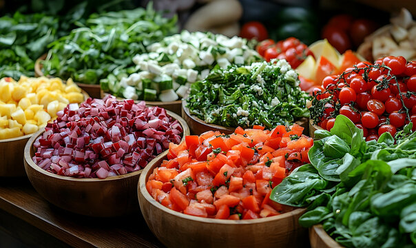 Vibrant salad bar display featuring fresh chopped vegetables and