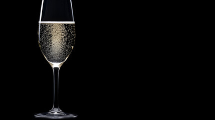 Champagne flute filled with bubbly liquid set against a black backdrop